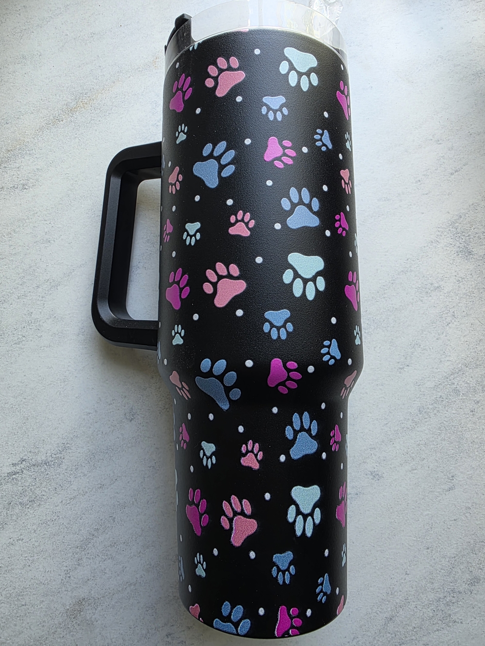 Black Paw Print Travel Tumbler - Pink & Blue Paw Design